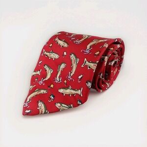 Alynn Neckwear Vintage 100% Silk "Rainbow Trout" Necktie Fish Fly Theme Red USA